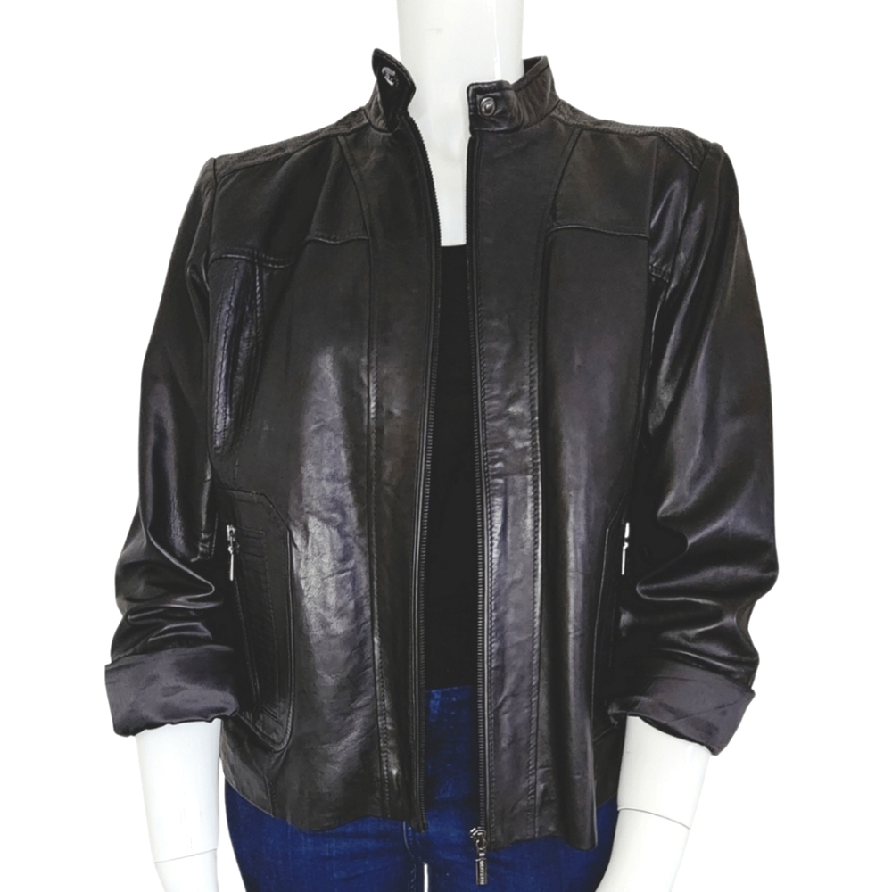 [1X] BERNARDO Genuine Leather Black Moto Jacket